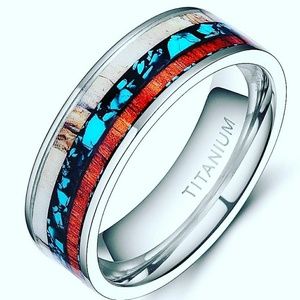 Titanium ring with turquoise/koa wood inlay